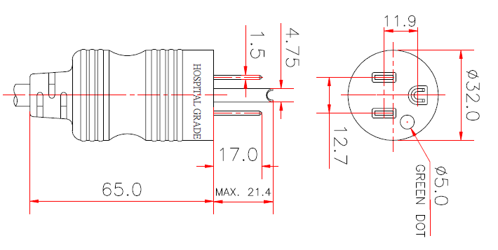 アメリカ NEMA 5-15P・3 P+ 接地・ストレート形 医療用 AC プラグ・15A